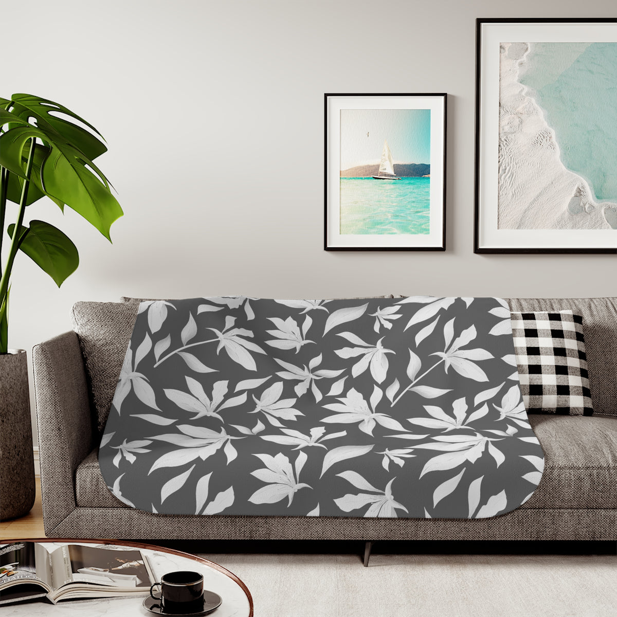 Charcoal Gray White Lily Sherpa Blanket | Modern Floral Throw