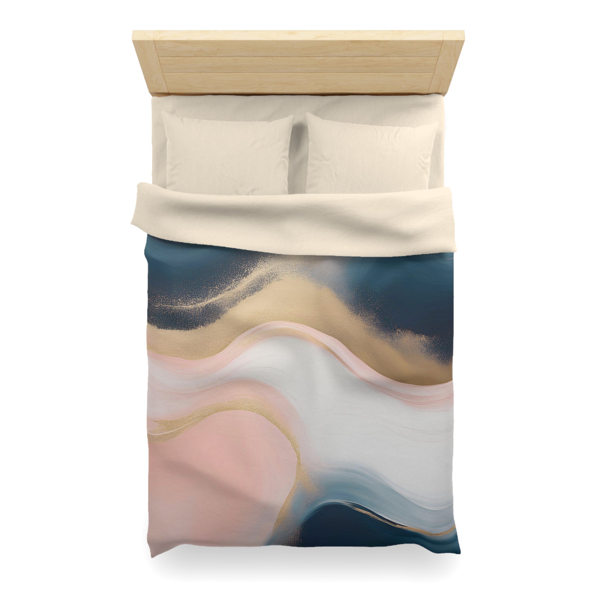 a bed with a colorful, abstract patterned comforter and pillows.