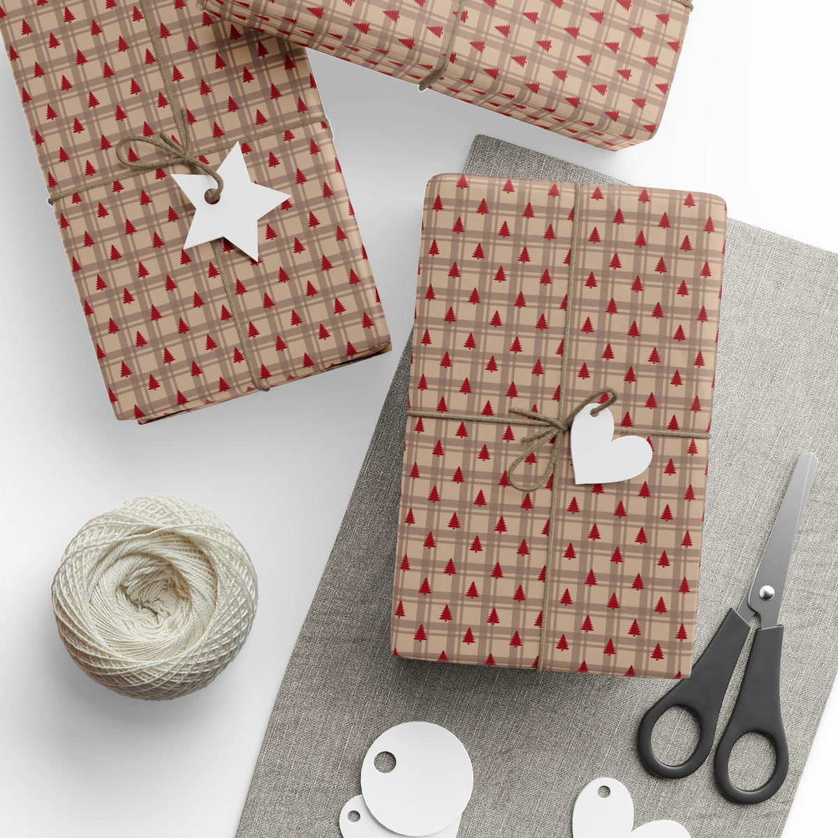 Red Tree Plaid Christmas Wrapping Paper, Holiday Gift Wrap