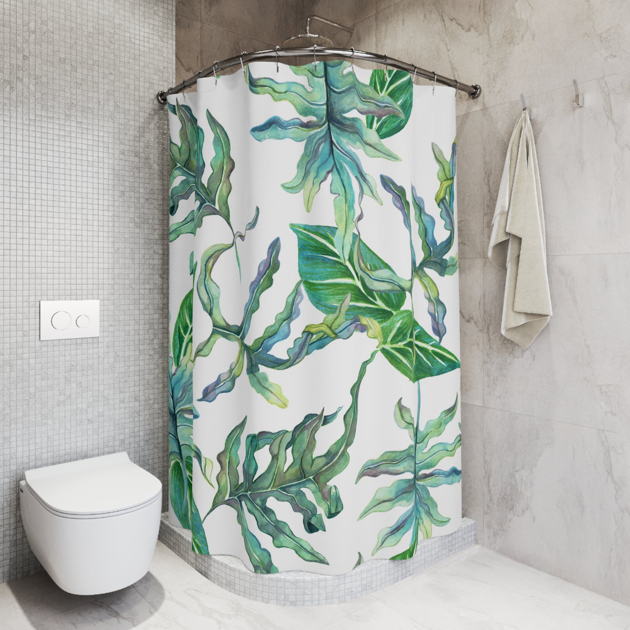 Boho Shower Curtain | White Green, Herbal Leaves Watercolor