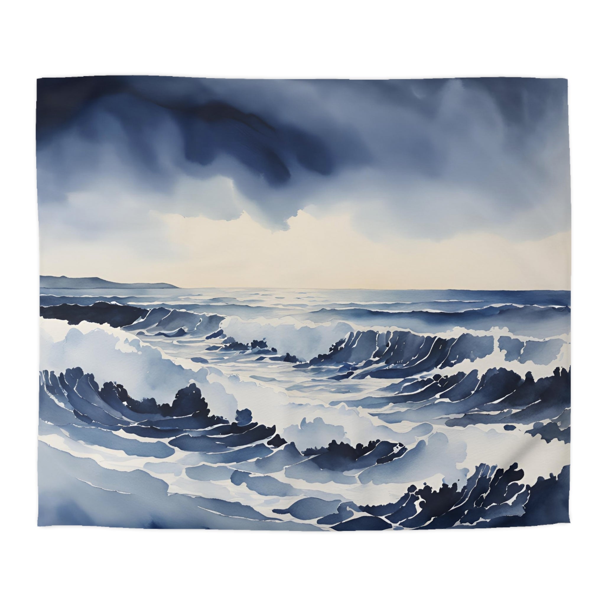 a dramatic, stormy ocean scene with crashing waves and a dark, cloudy sky.