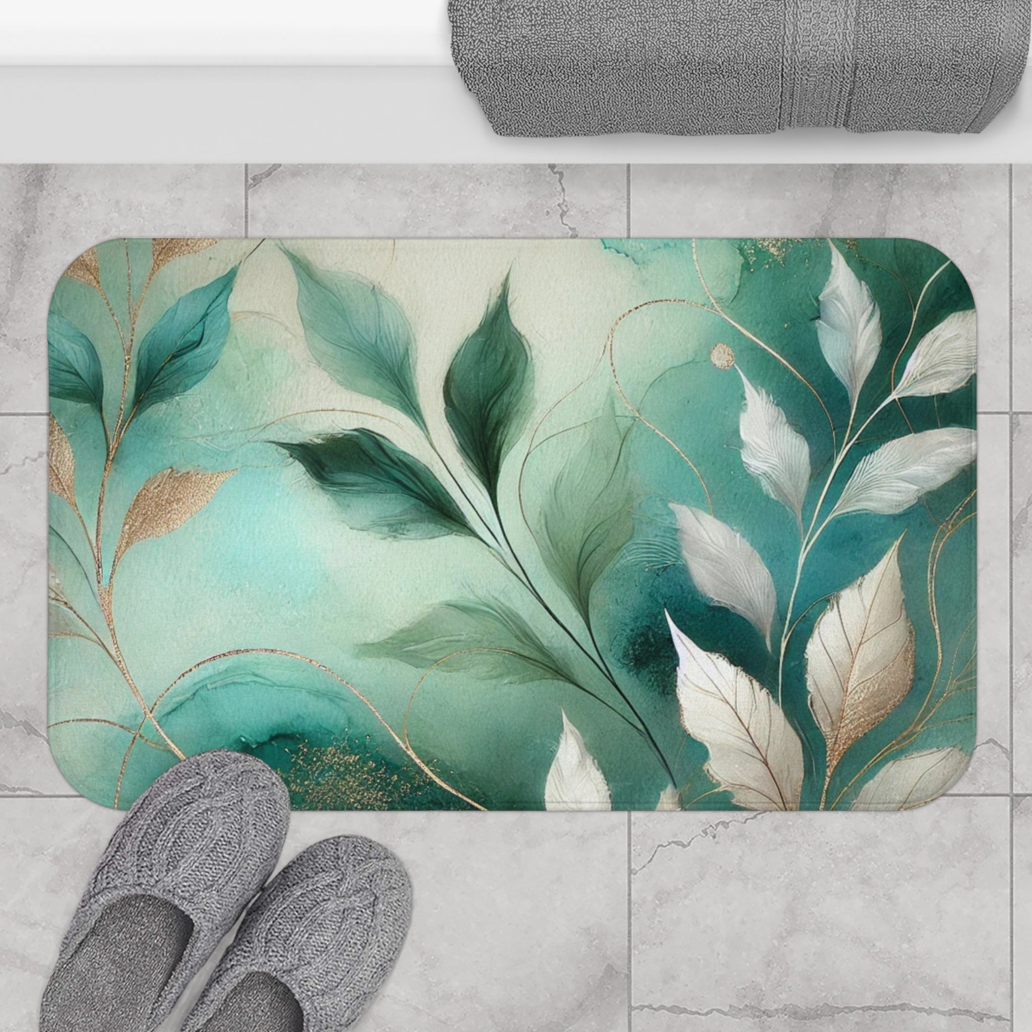 Floral Bath Mat | Sage Teal Green White Leaves Kitchen Mat