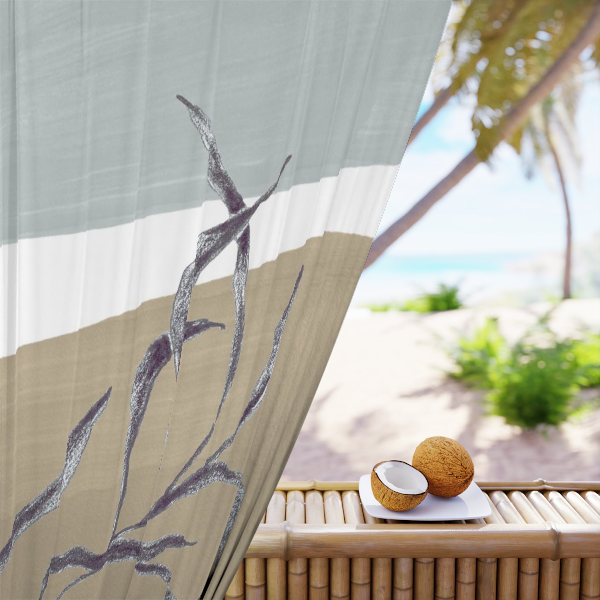 Abstract Window Curtains | Modern Organic, Beige Blue Grey leaf