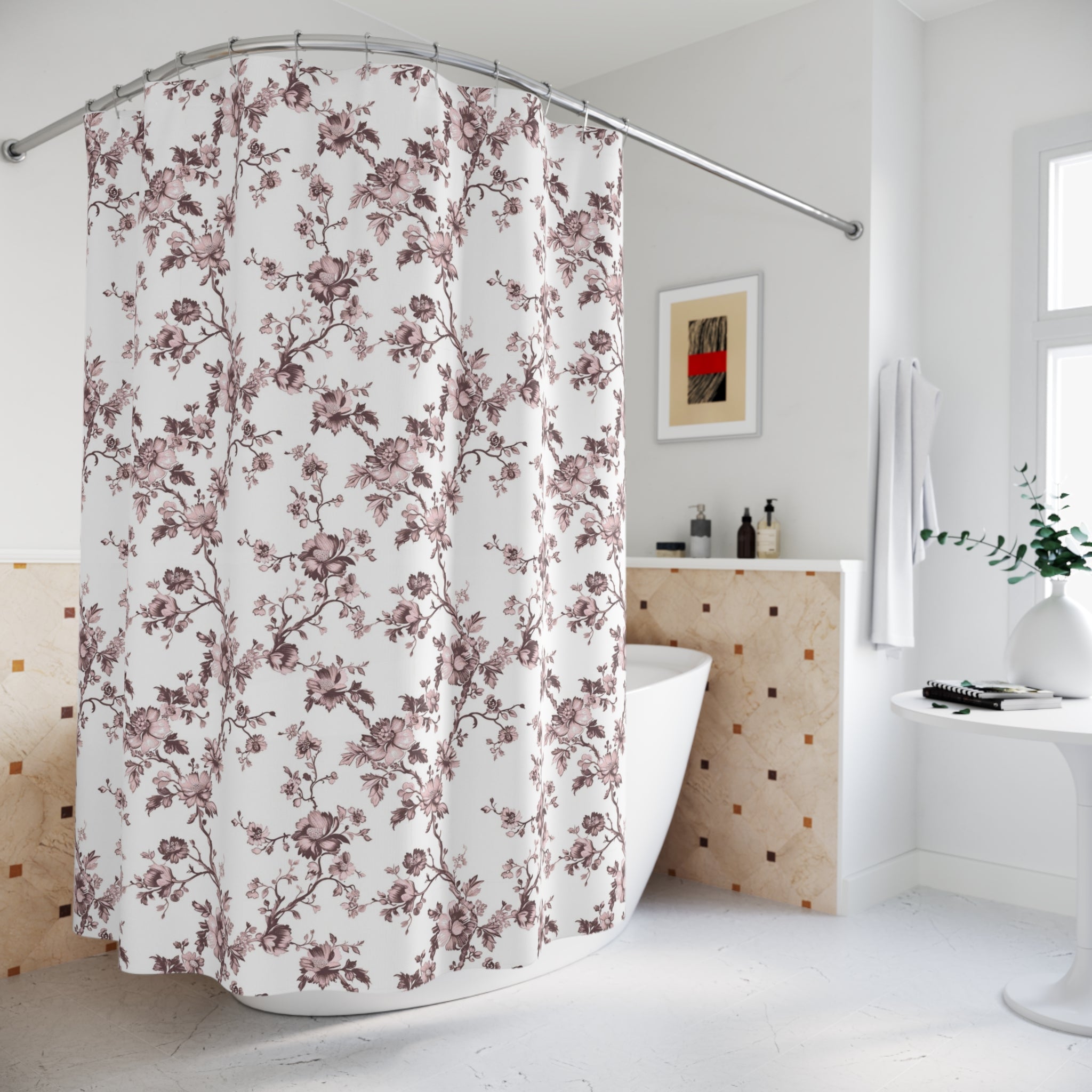 Floral Shower Curtain | Blush Pink, White Brown Wildflowers