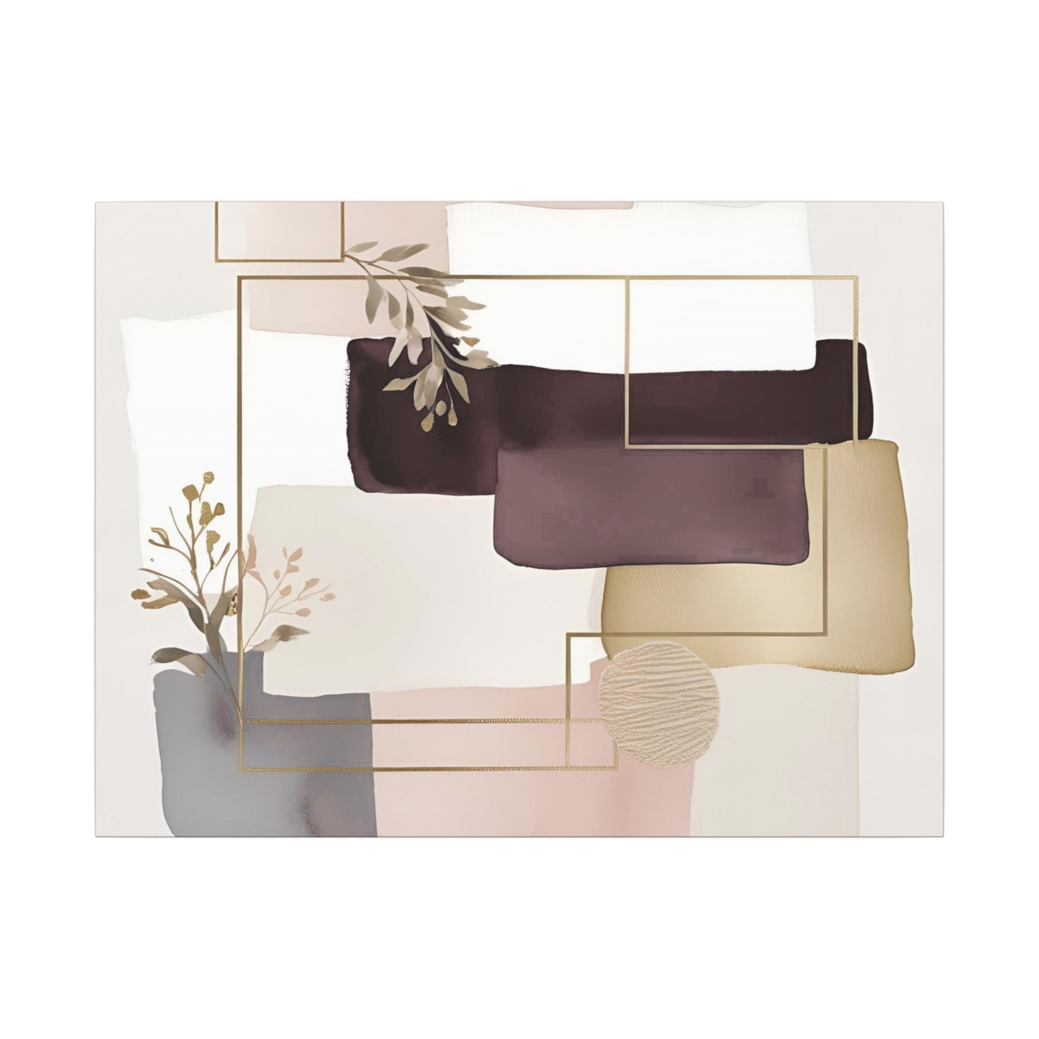 The image is a modern abstract art piece featuring a variety of shapes and colors, including shades of pink, brown, and white. The composition includes a plant and a geometric pattern, creating a visually striking and contemporary design.