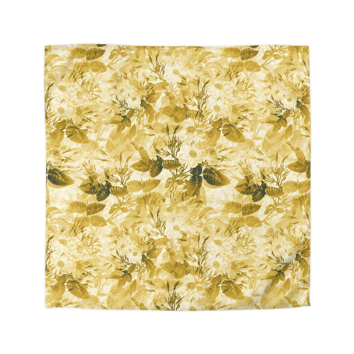 a square-shaped fabric with a repeating pattern of yellow and green leaves and flowers.