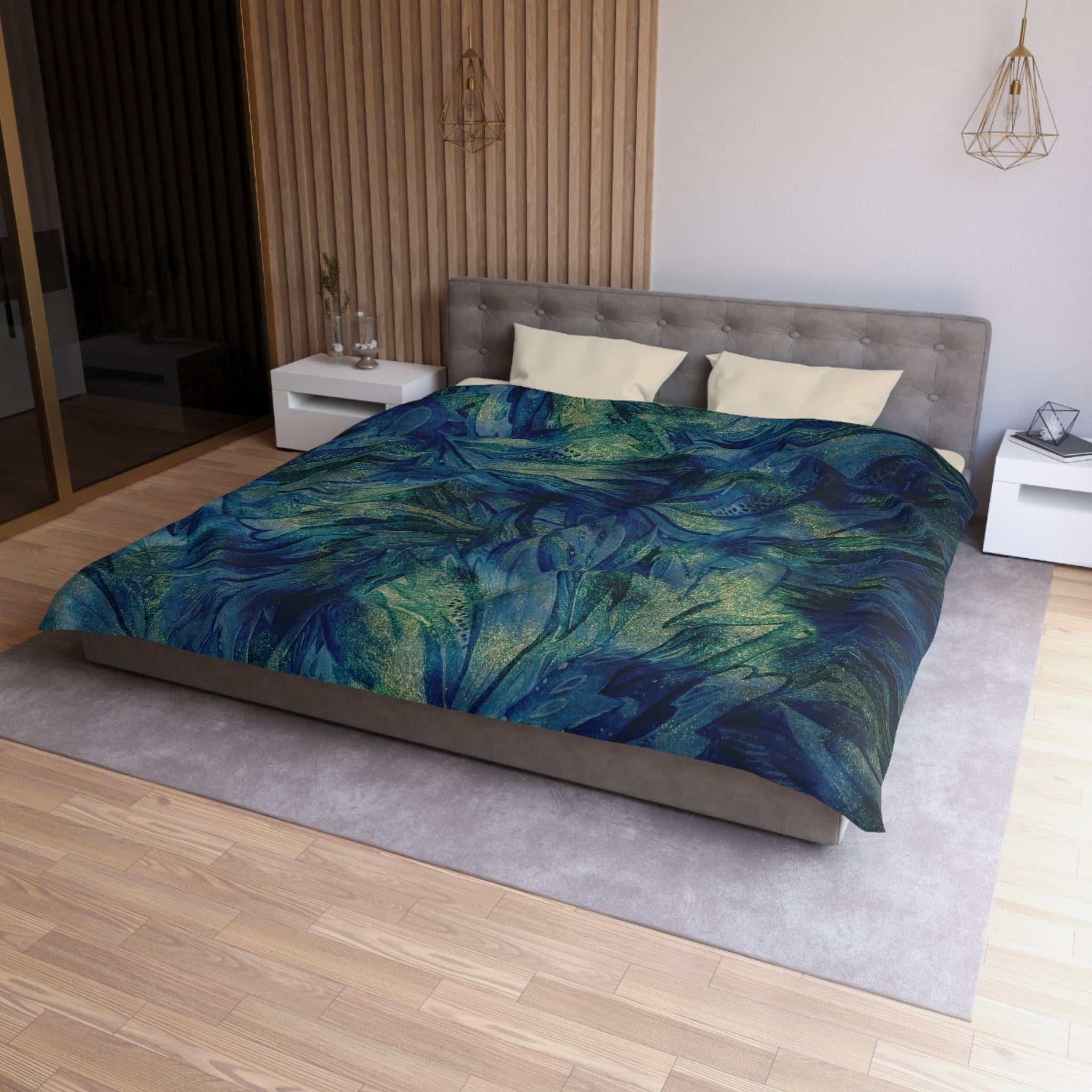 Abstract Duvet Cover | Peacock Navy Blue, Green | Bedroom Decor
