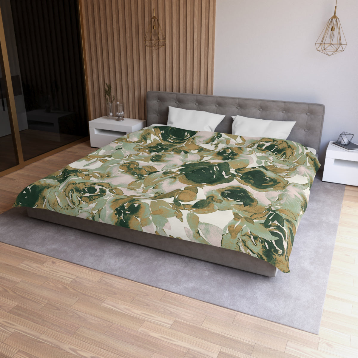 a modern bedroom with a large bed covered in a green and white floral print comforter. The bed is positioned against a wall with a wooden paneling design. The room also features a nightstand, a pendant light, and a mirror.