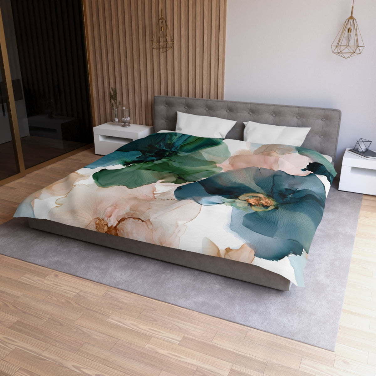 a bed with a floral print on it