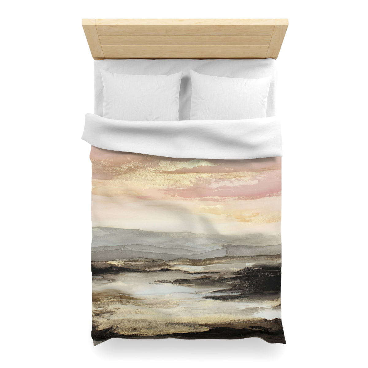 a bed with a white comforter and pillows, featuring a landscape print on the comforter depicting a serene, natural scene.