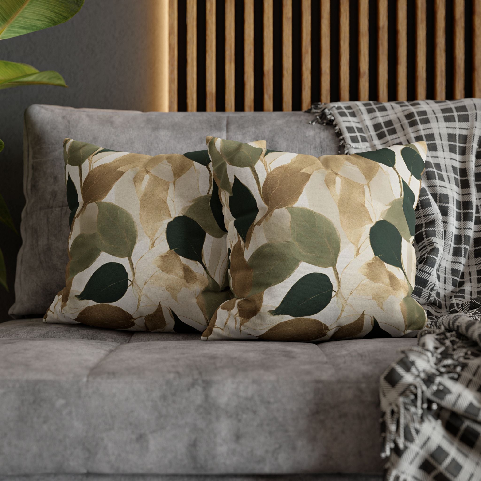 a gray couch with two throw pillows featuring a leaf pattern in shades of green and brown. The pillows are placed on the couch, creating a cozy and inviting atmosphere.