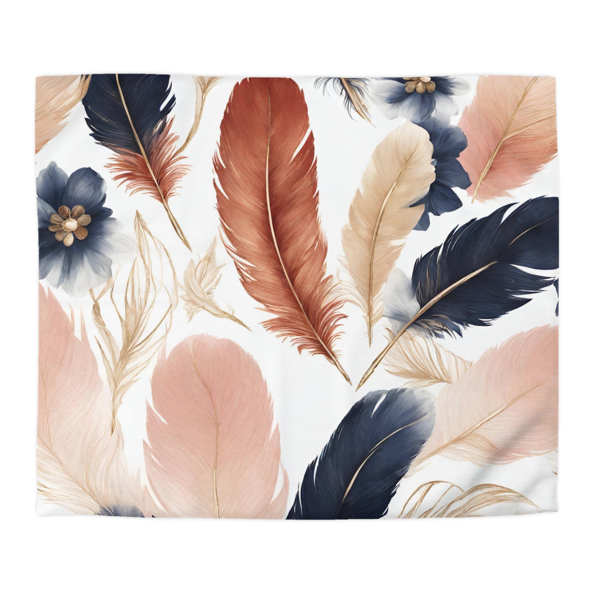 a variety of colorful feathers, including red, blue, and beige feathers, arranged in a visually appealing pattern.