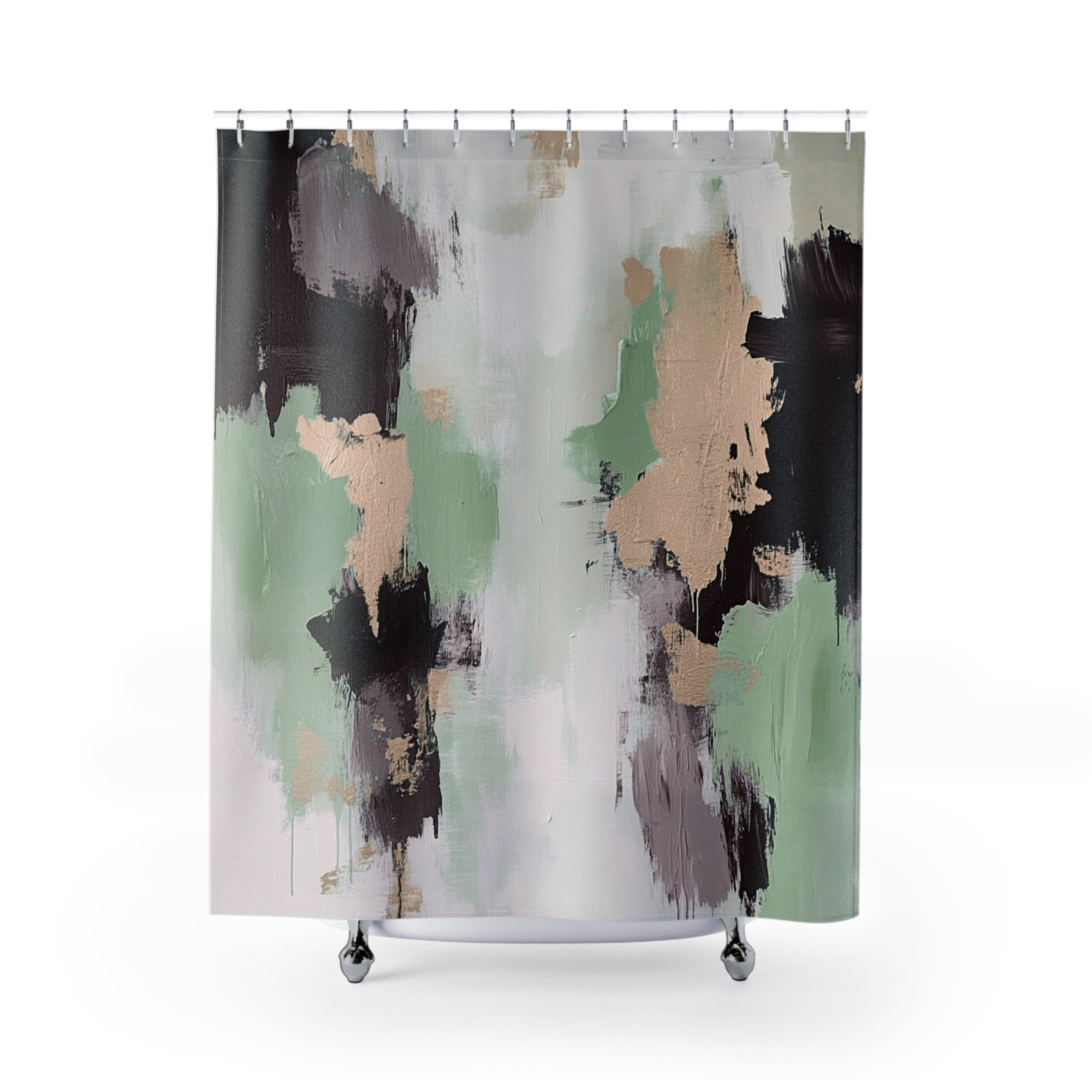 Abstract Shower Curtain | Sage Green Beige, Black Grey