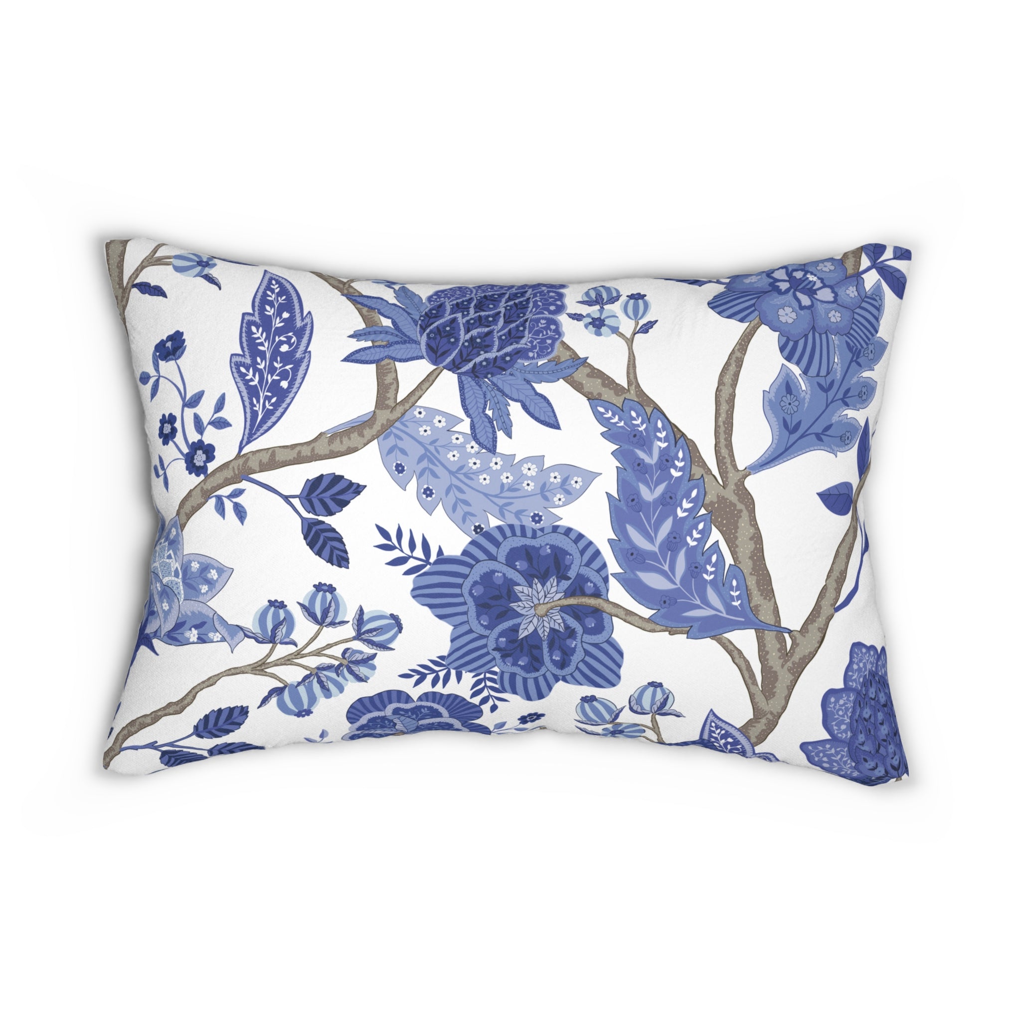 Abstract Boho Lumbar Pillow | Blue White Vintage Floral