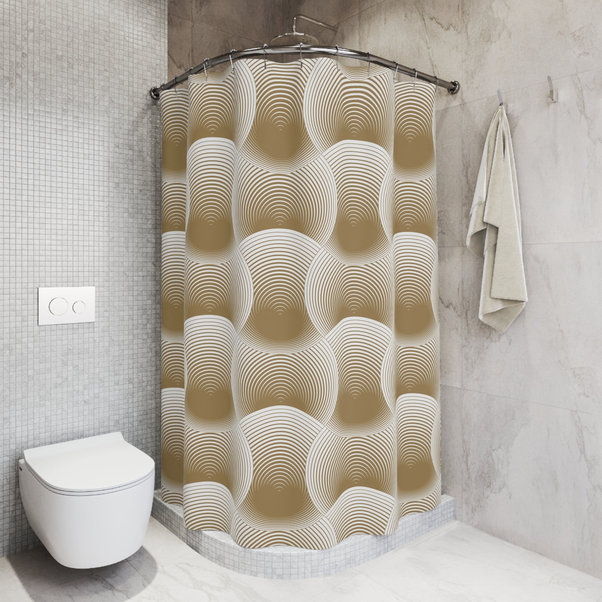 Retro Shower Curtain | Geometric, Beige White Bathroom Decor