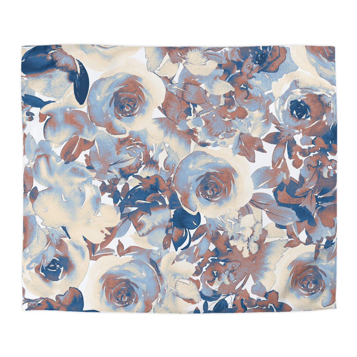 The image is a square-shaped collage featuring a repeating pattern of blue and white flowers, including roses and leaves, against a white background.