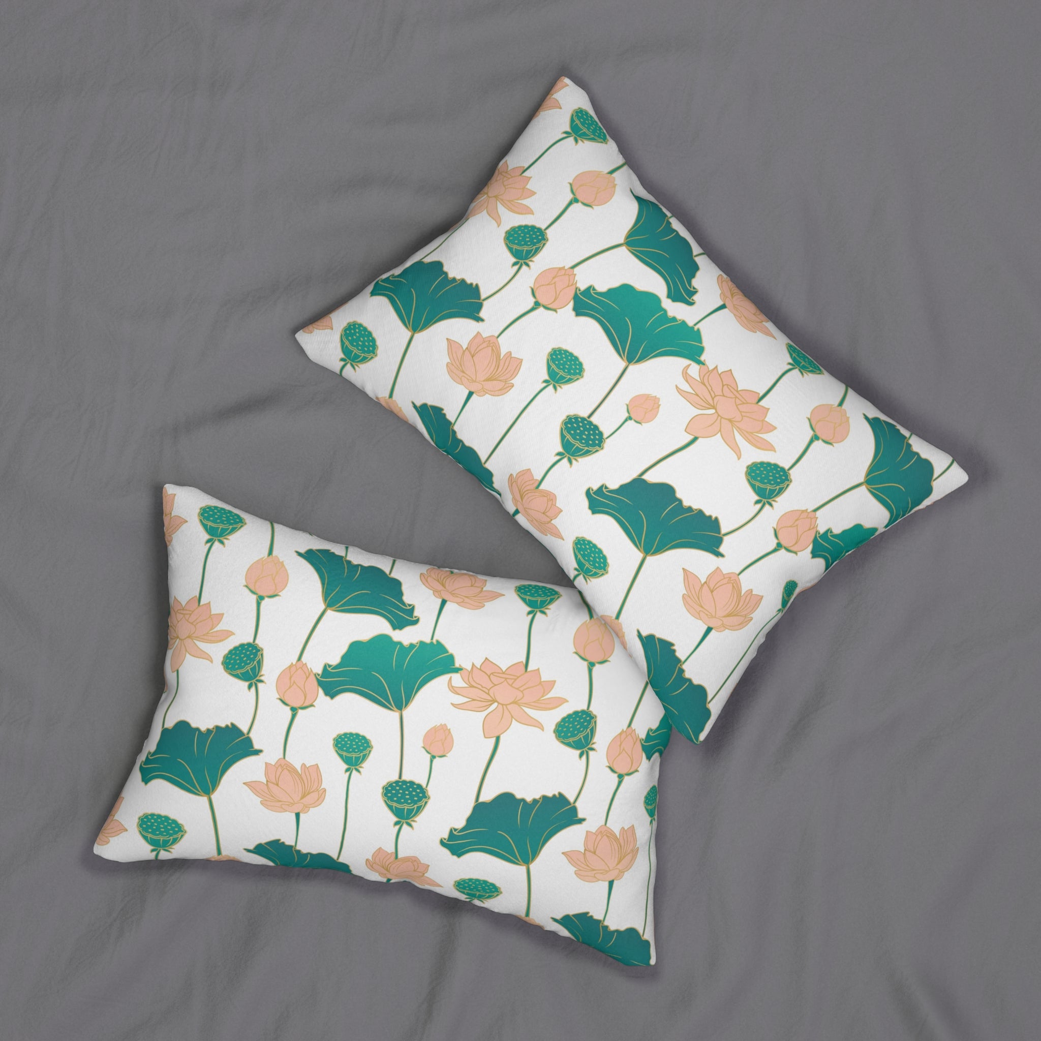 Lotus Lumbar Pillow | White Blush, Teal Green Floral
