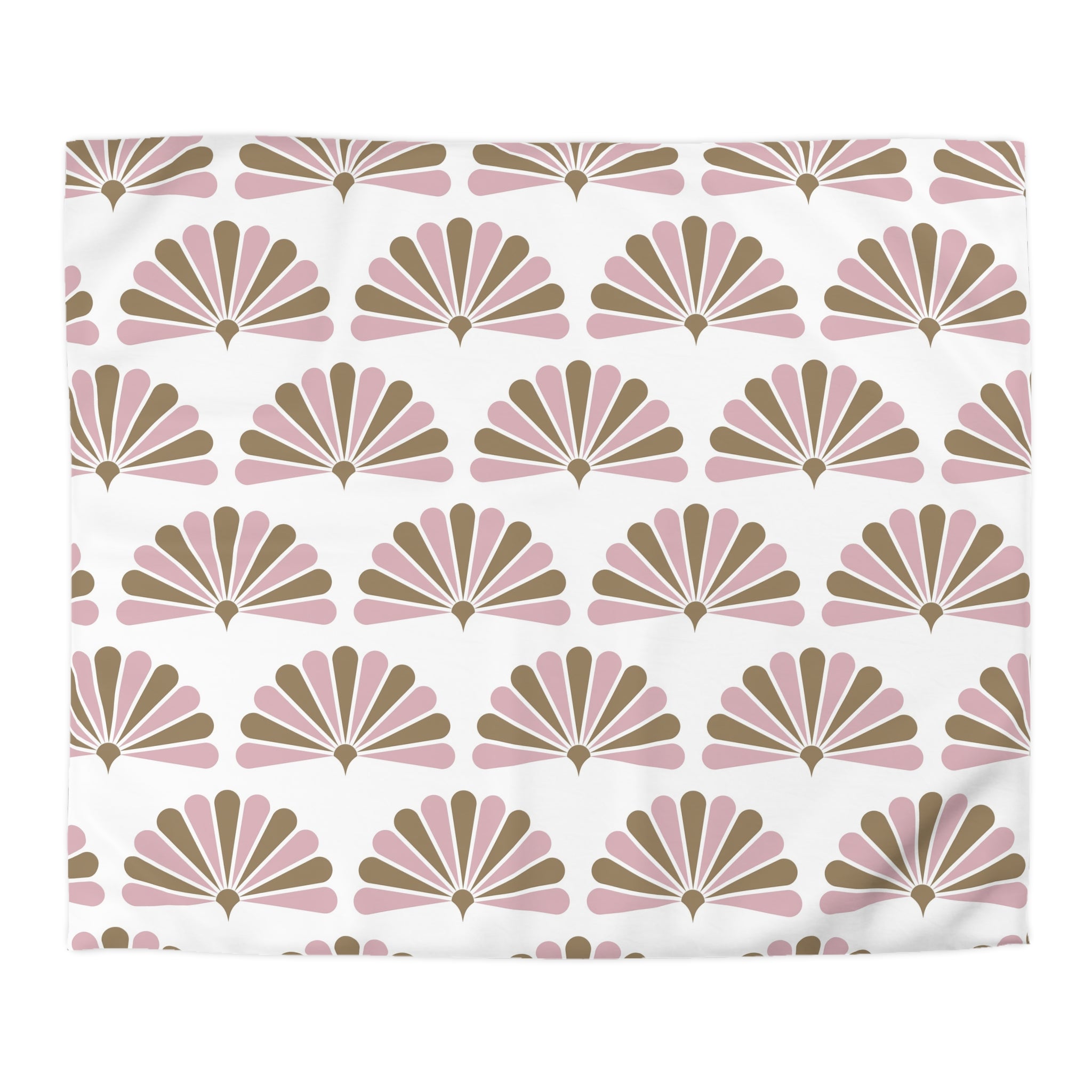a repeating pattern of pink and brown fan-like shapes on a white background.