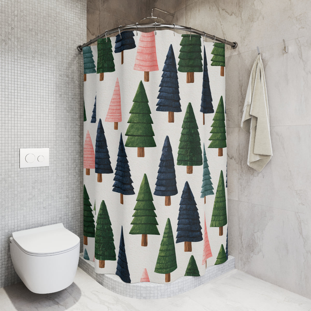 Pink Navy Christmas Tree Shower Curtain, Bath Curtain 71x74