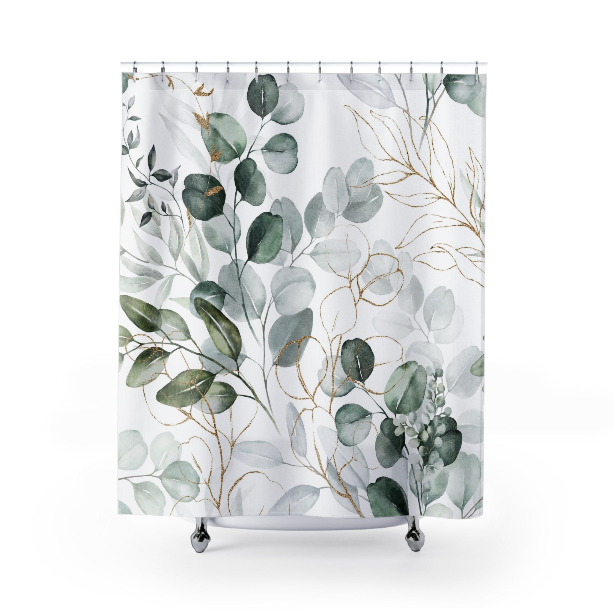 Sage Green White, Eucalyptus Leaves, Botanical Shower Curtain