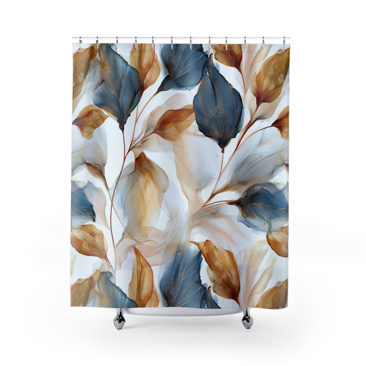 Blue Rust Watercolor Botanical Shower Curtain, Bath Curtain 71x74