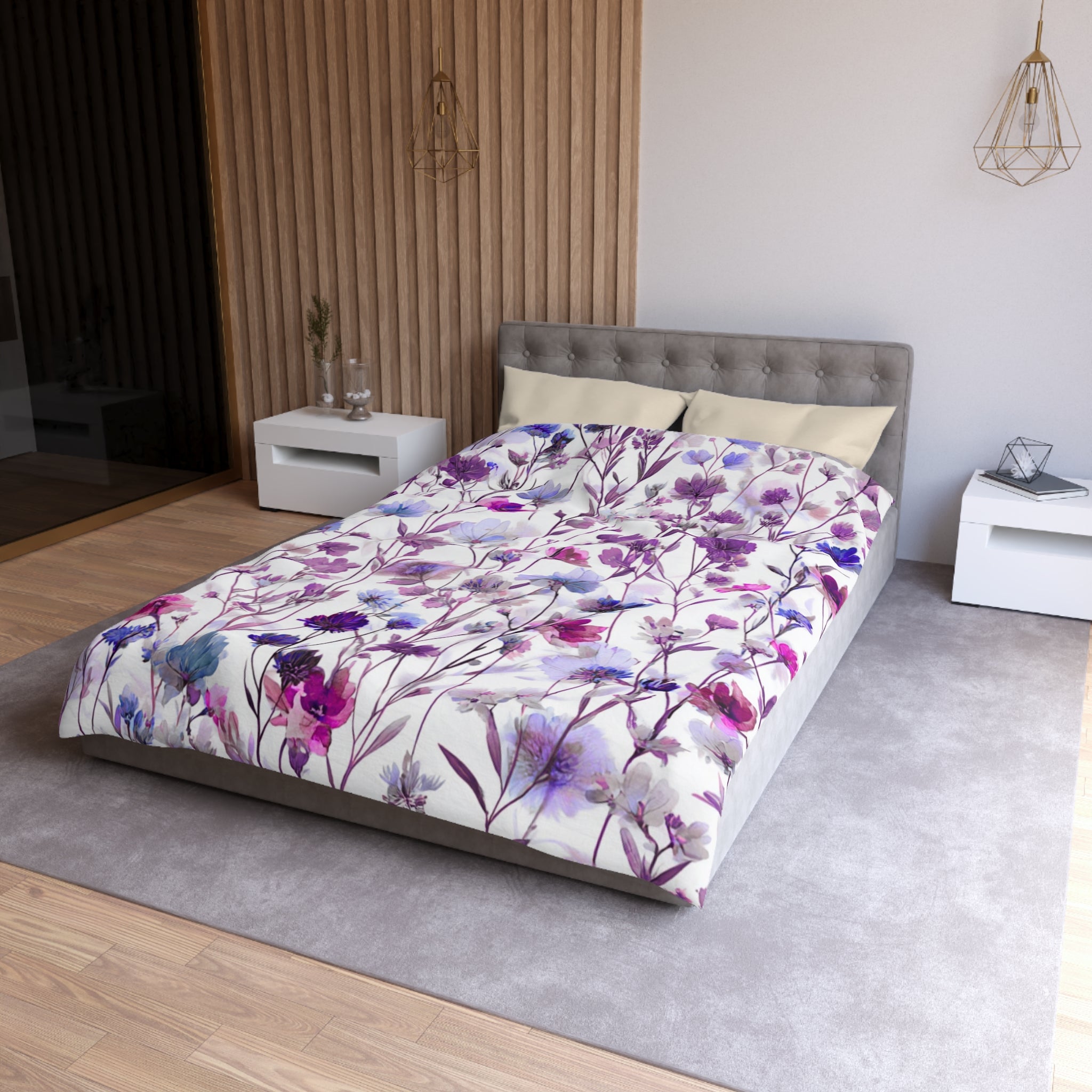 Floral Modern Duvet, Pillow Cover | White Lavender Bedroom Decor