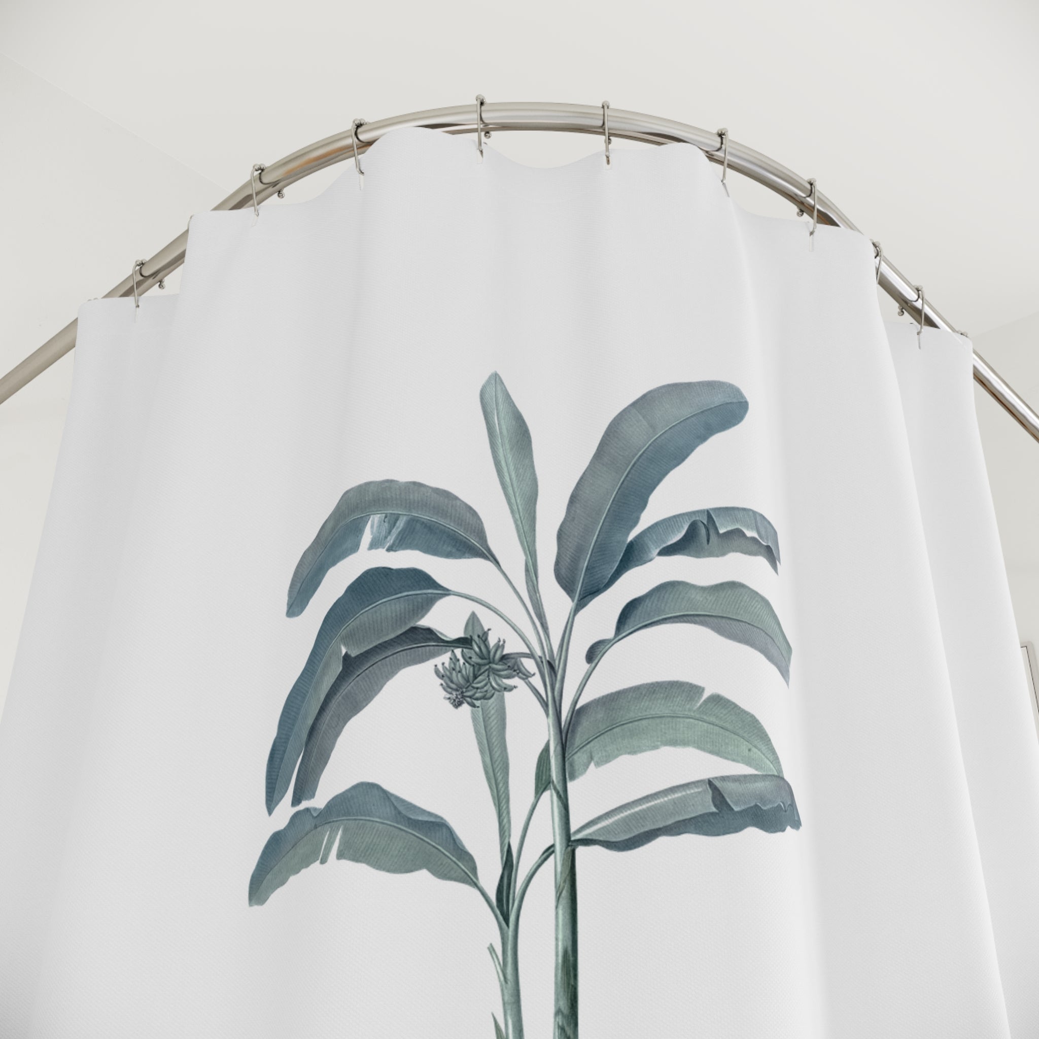 Boho Shower Curtain | White Blue Banana Leaves Jungle Fabric Curtain