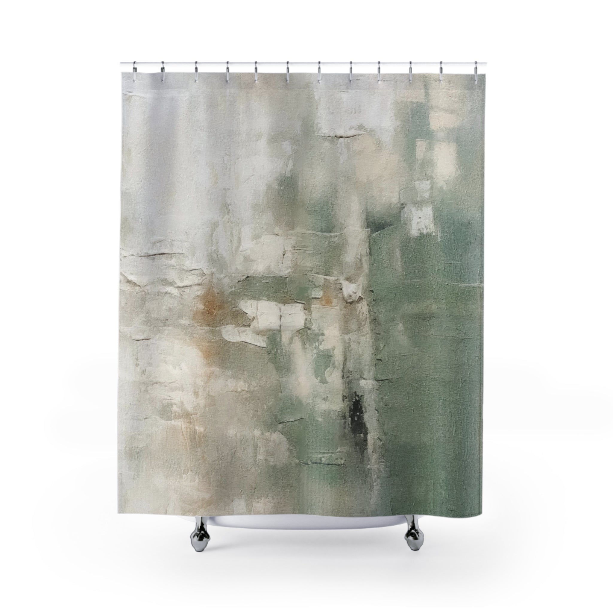 a large abstract painting with a muted color palette of gray, white, and beige. The painting has a textured appearance, with visible brushstrokes and layers of paint. The artwork is displayed on a stand, showcasing its artistic qualities.