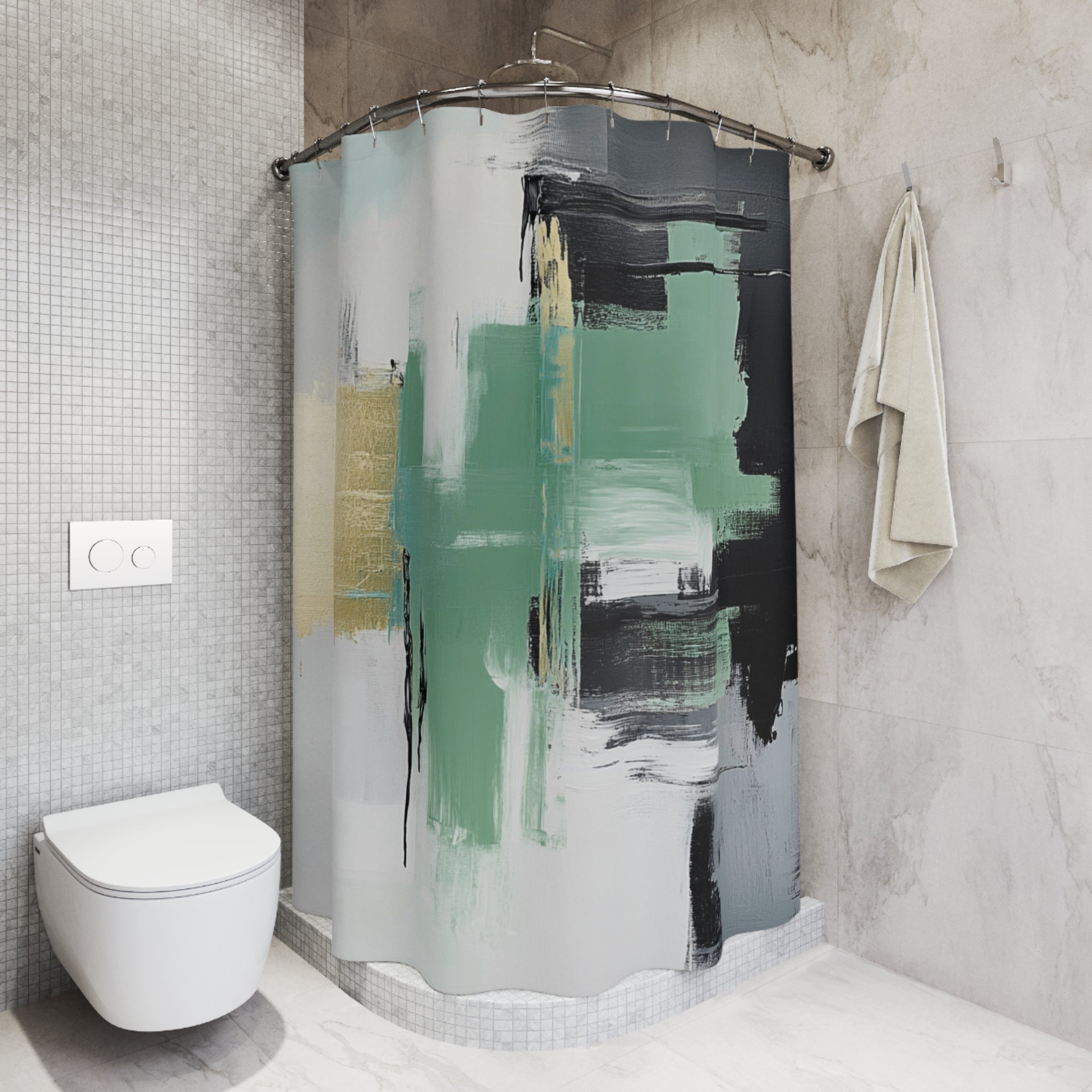 Abstract Watercolor Shower Curtain | Modern Green Grey Bathroom Decor