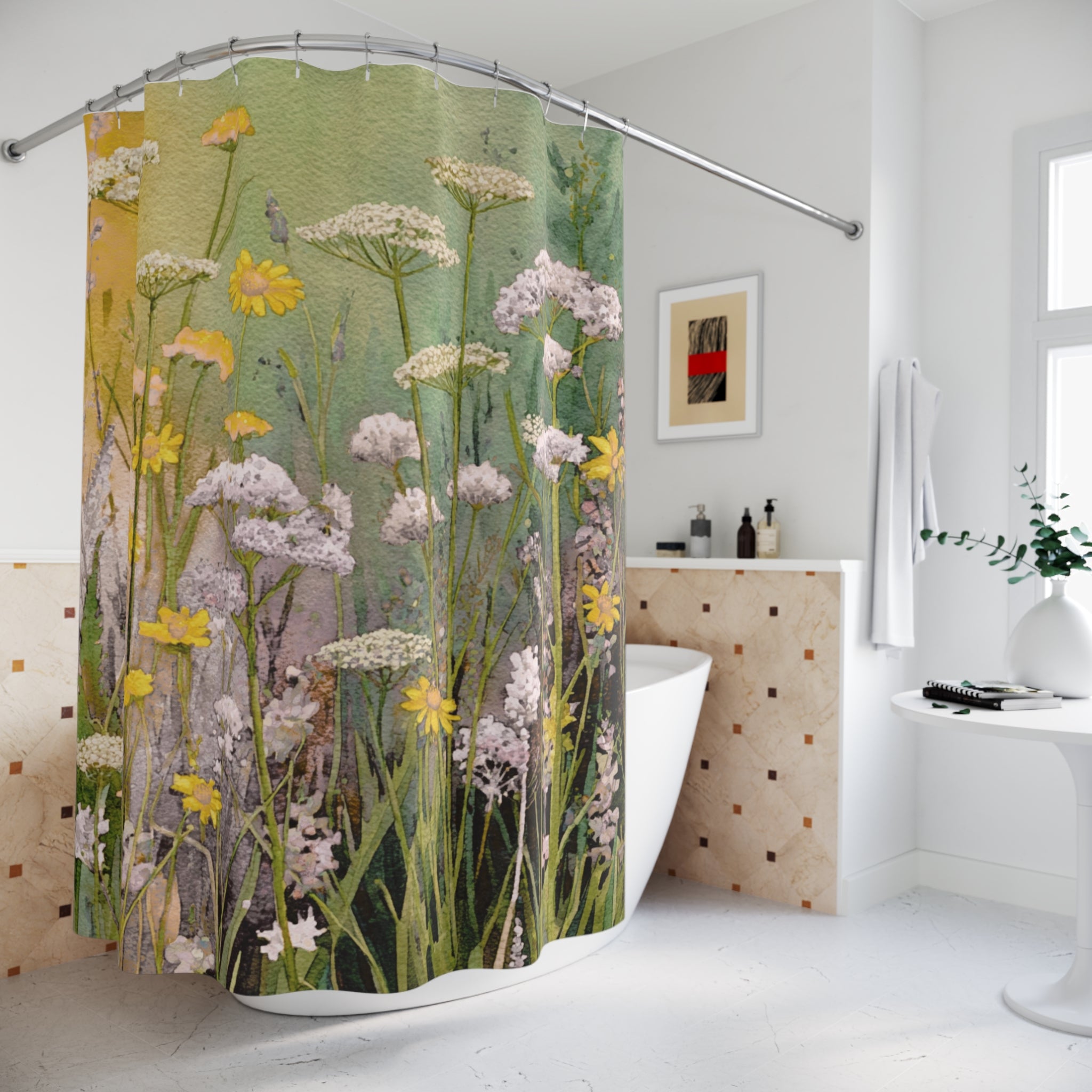 Abstract Floral Shower Curtain | Yellow Green Wildflowers Bathroom Decor