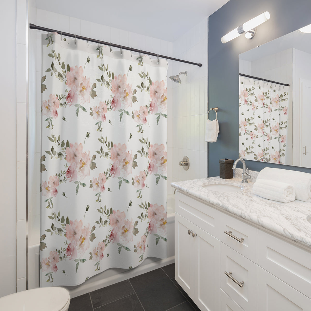 Blush Pink Rose Spray Shower Curtain, Bath Curtain 71x74