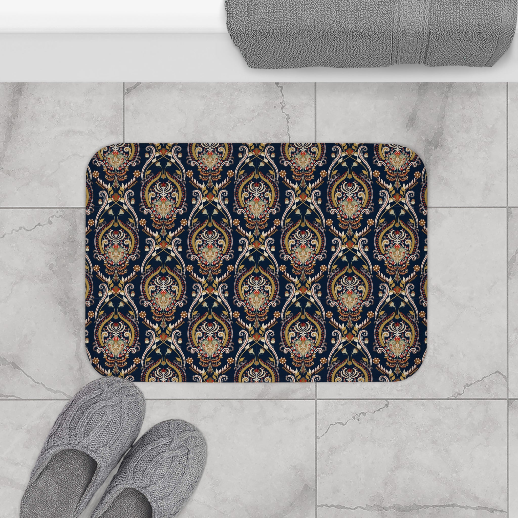 Vintage Bath, Kitchen Mat | Black Beige, Folk Art
