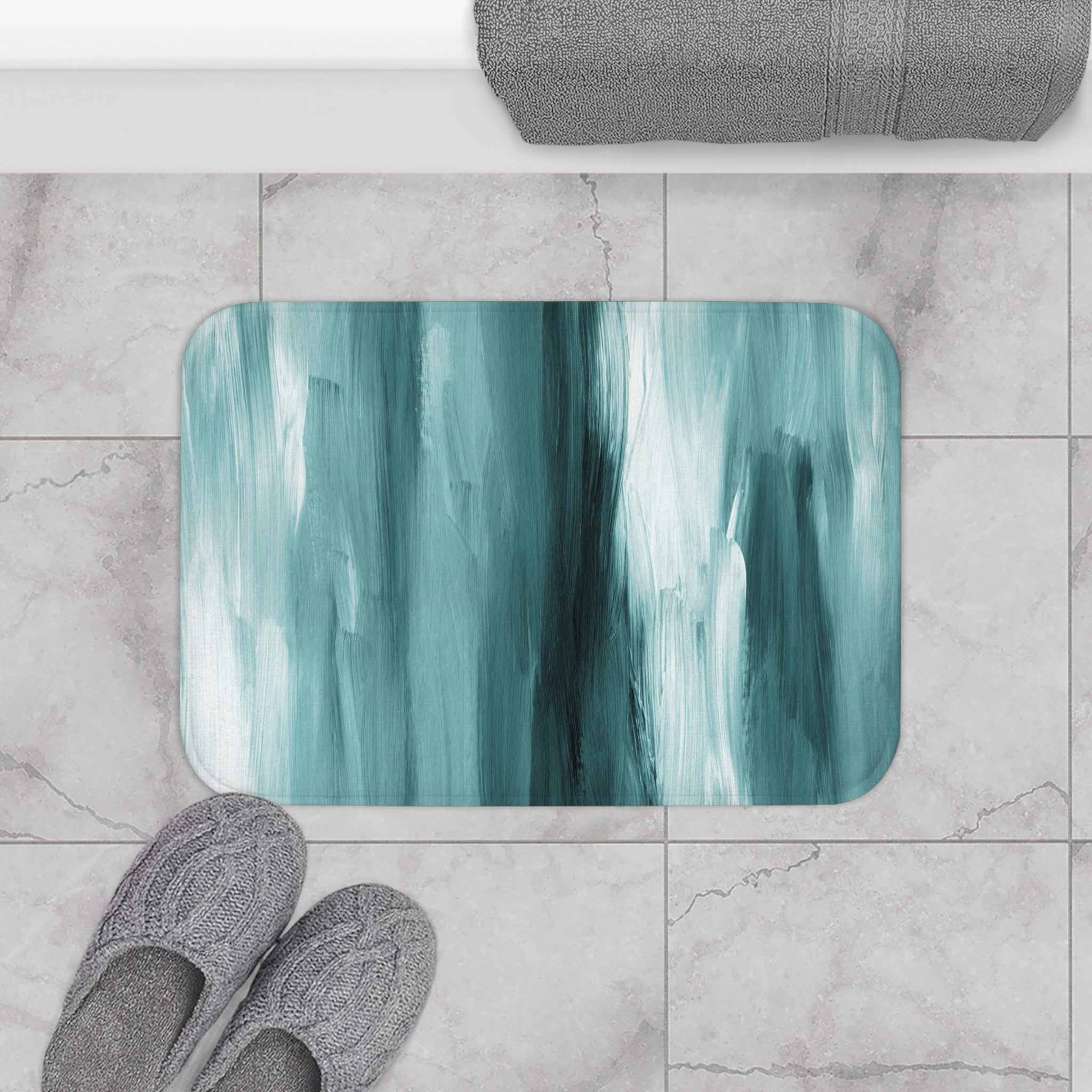 Abstract Bath Mat | Teal Green White Ombre Kitchen Mat