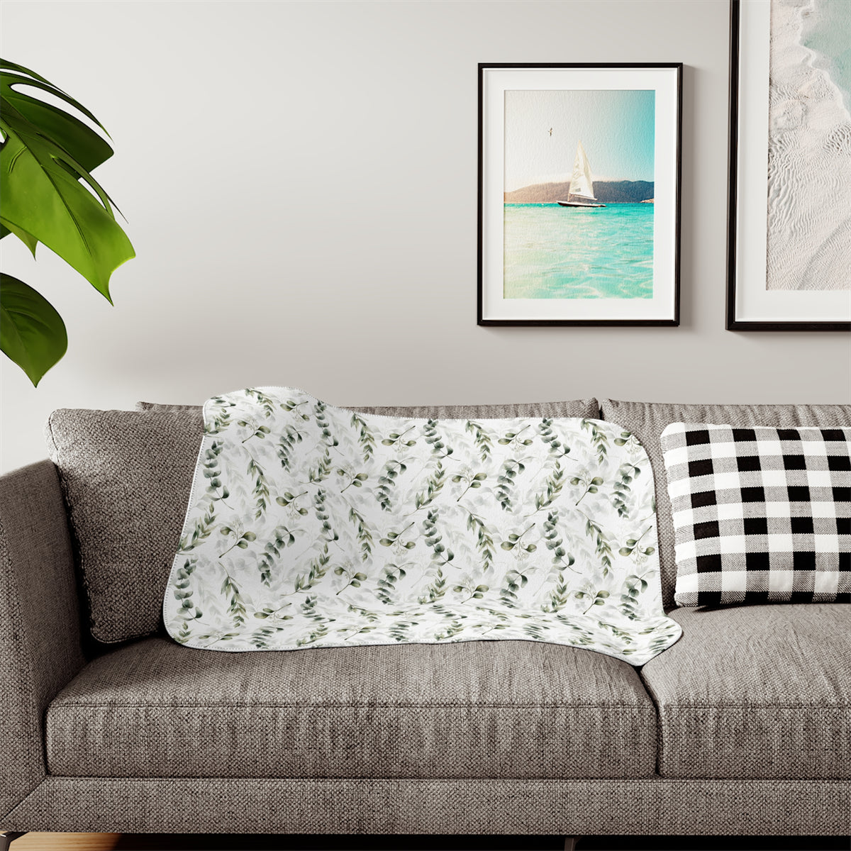 Sage Green Eucalyptus Branch Sherpa Blanket | Botanical Greenery Throw