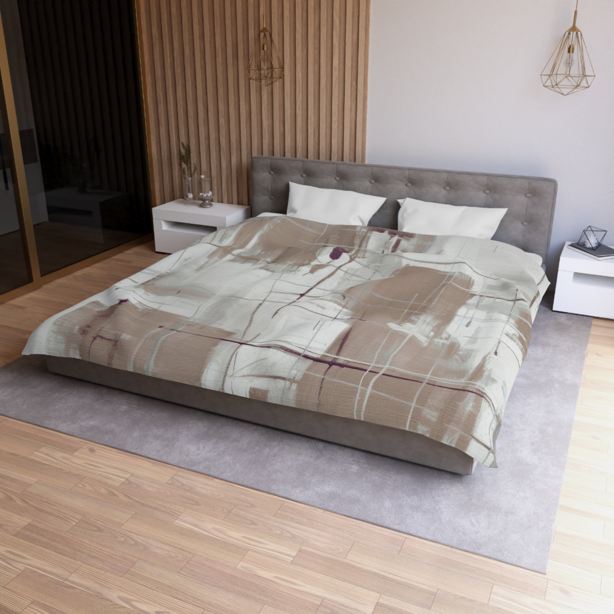 a modern bedroom with a large bed, a gray headboard, and a wooden wall. The bed is covered with a patterned comforter and has two white pillows. The room has a wooden floor and a gray area rug. There are two nightstands on either side of the bed, and a pendant light hangs above the bed.