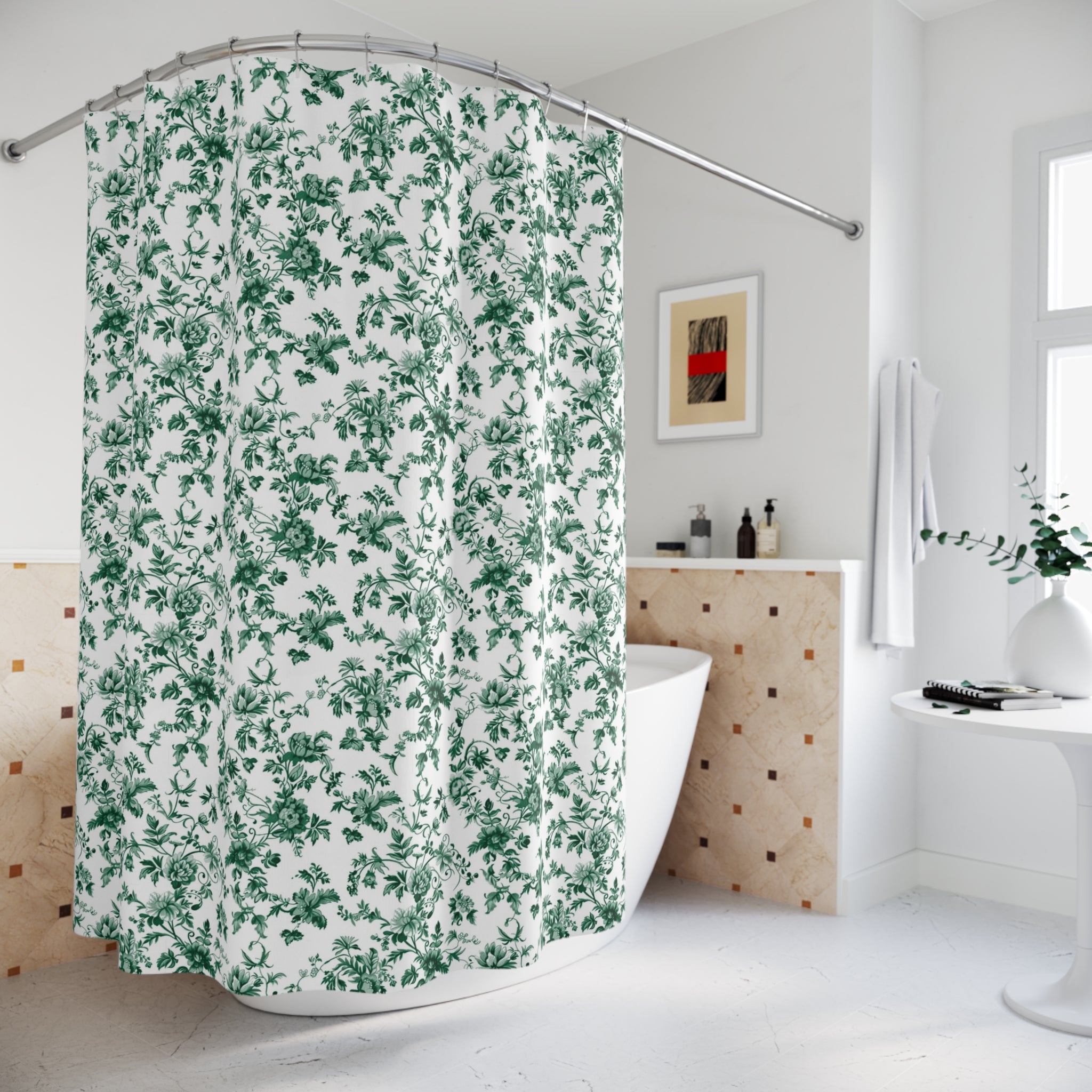 Chinoiserie Floral Shower Curtain | Green White Garden