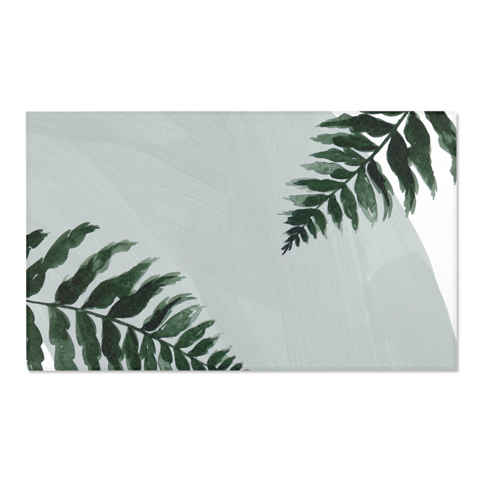 Floral Boho Area Rug | Modern Organic, Pale Blue, Green Leaves