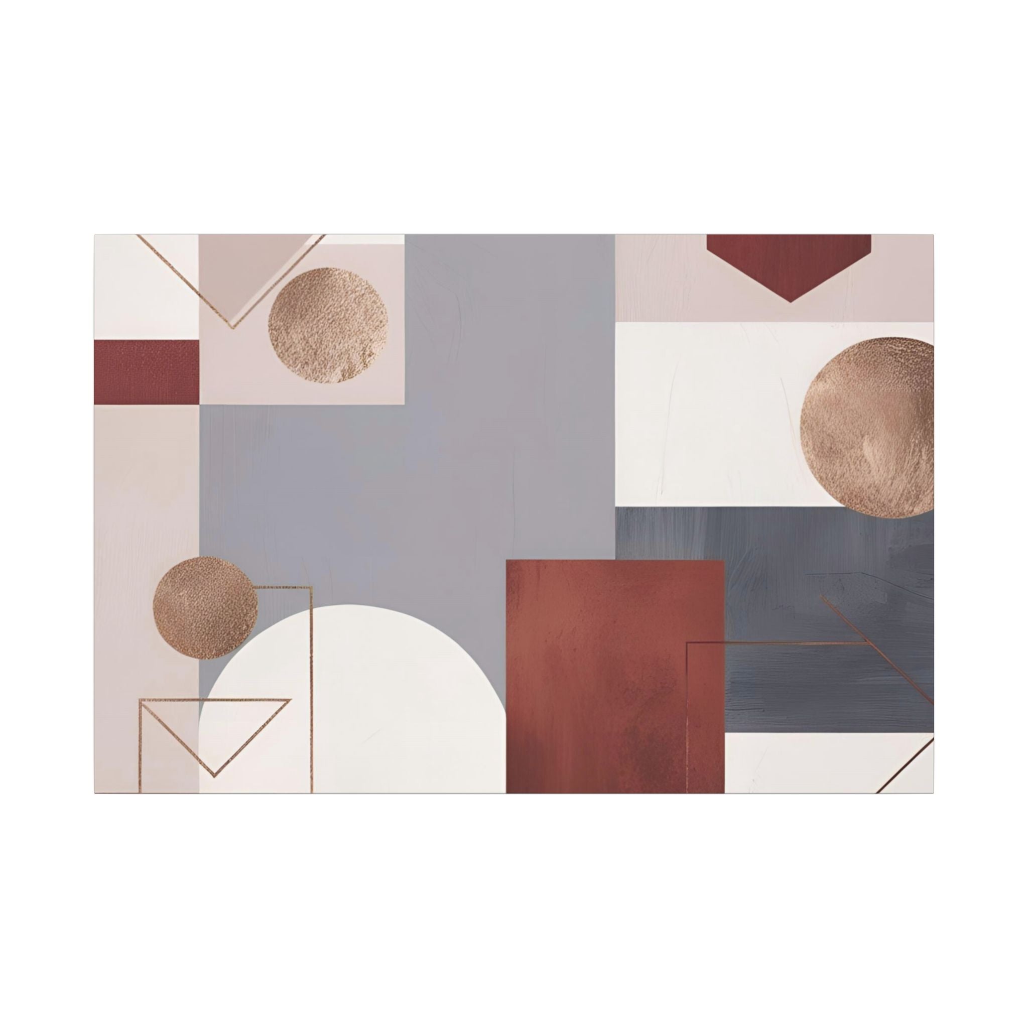 The image is a modern abstract art piece featuring a variety of geometric shapes and patterns in shades of gray, red, and white.