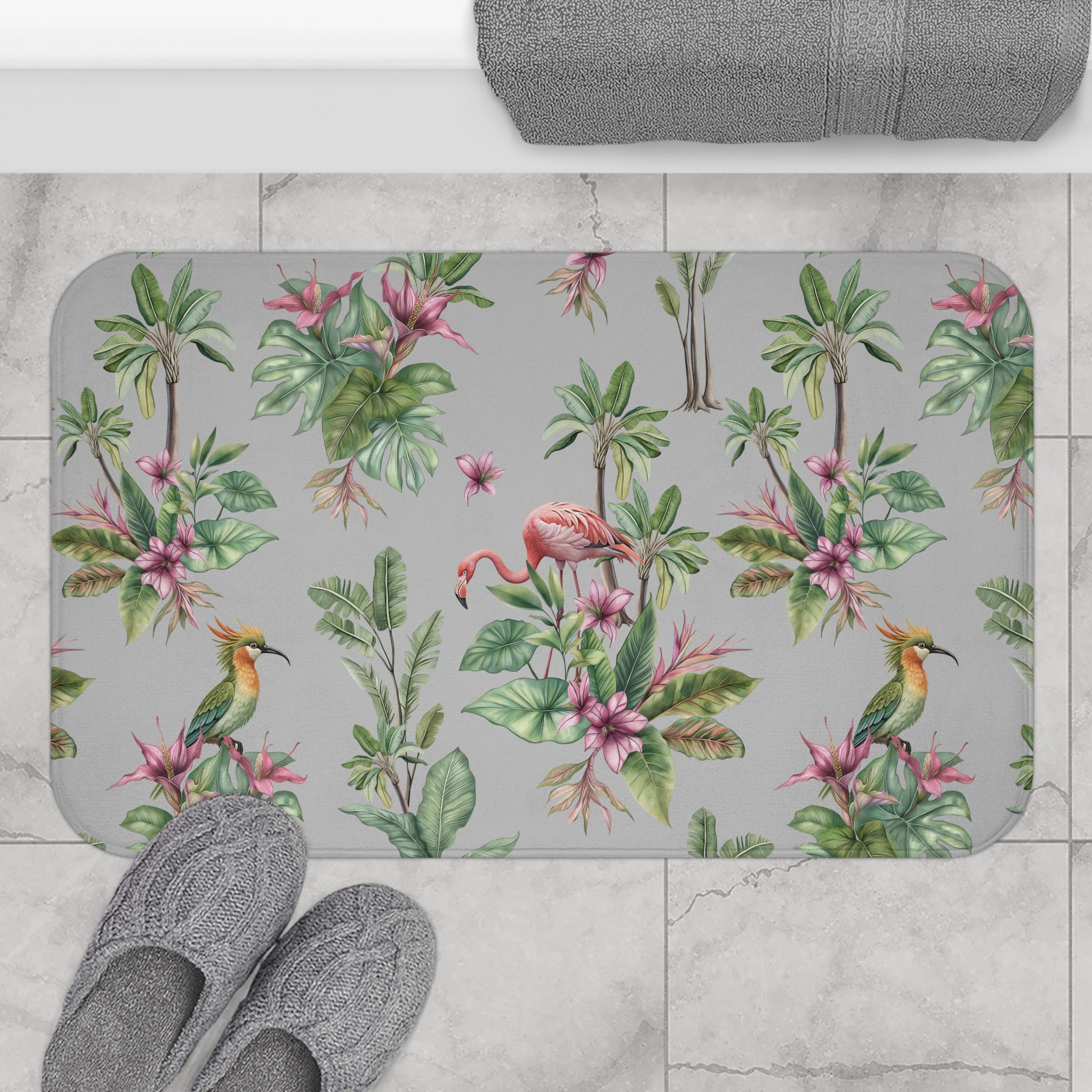 Tropical Bath Mat | Grey Green, Pink Flamingo, Birds Nature Kitchen Mat