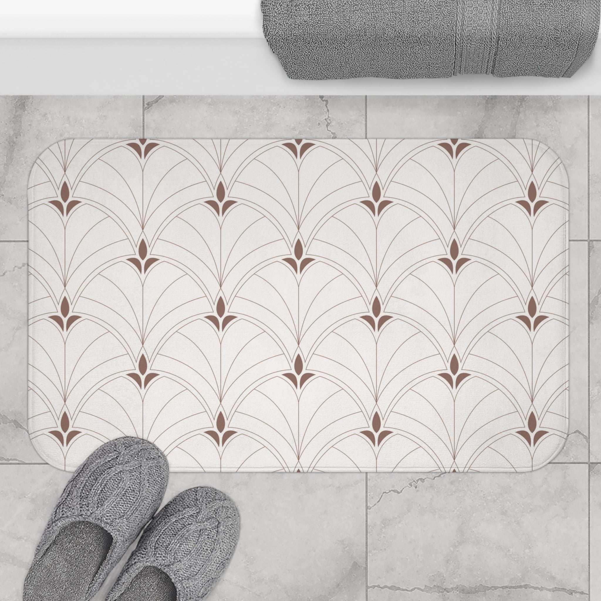Boho Bath, Kitchen Mat | Art Deco Nouveau Fan Beige Brown