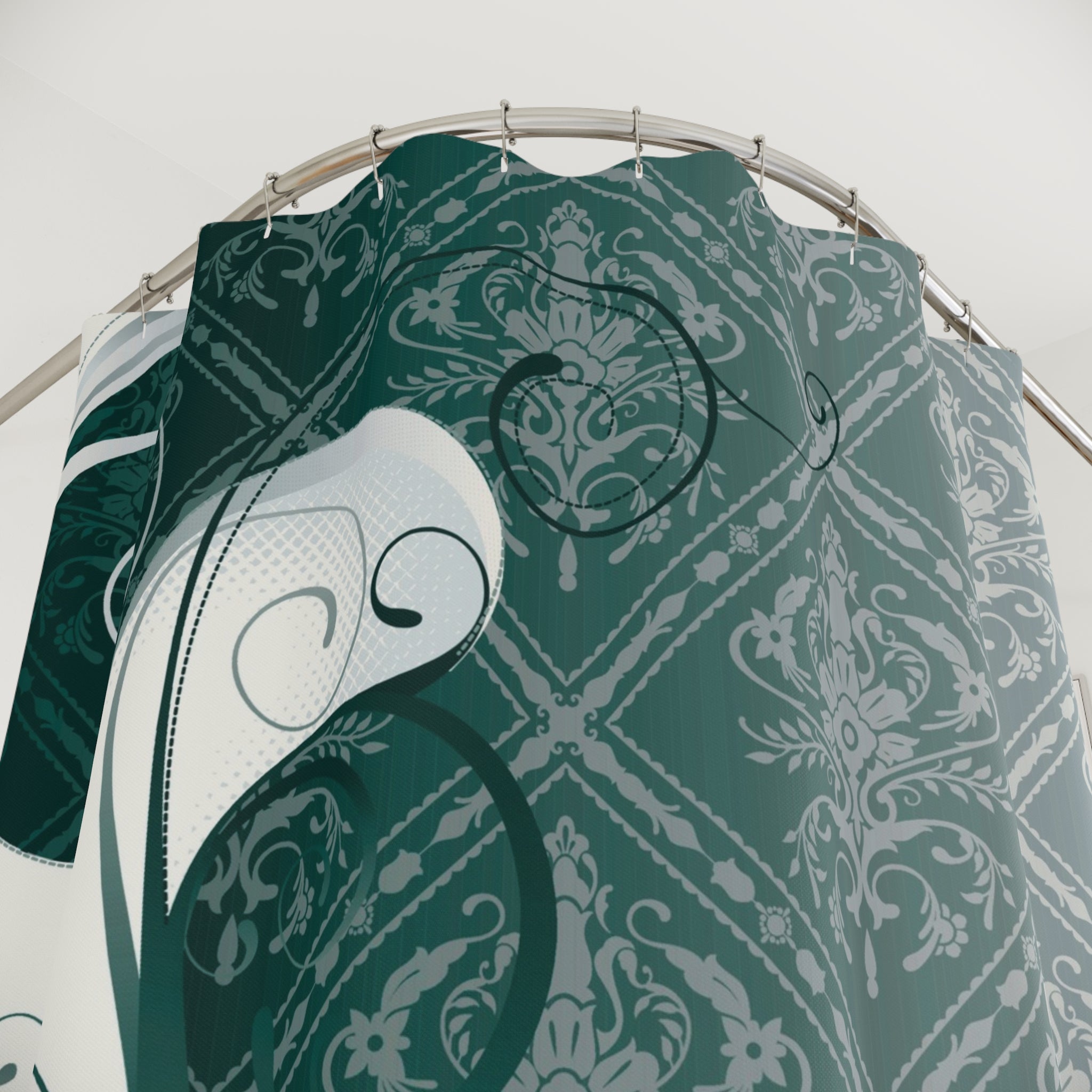 Boho Shower Curtain | Teal Green, White Moroccan Abstract Fabric Curtain