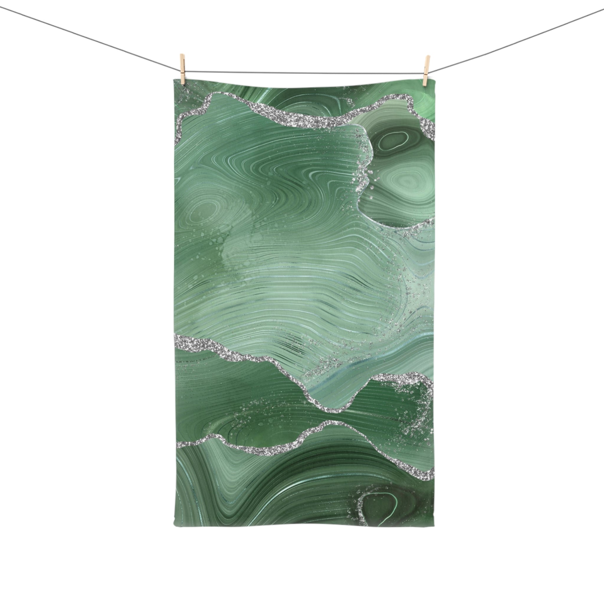 Abstract Kitchen, Bath Hand Towel | Sage Green, Silver Marble