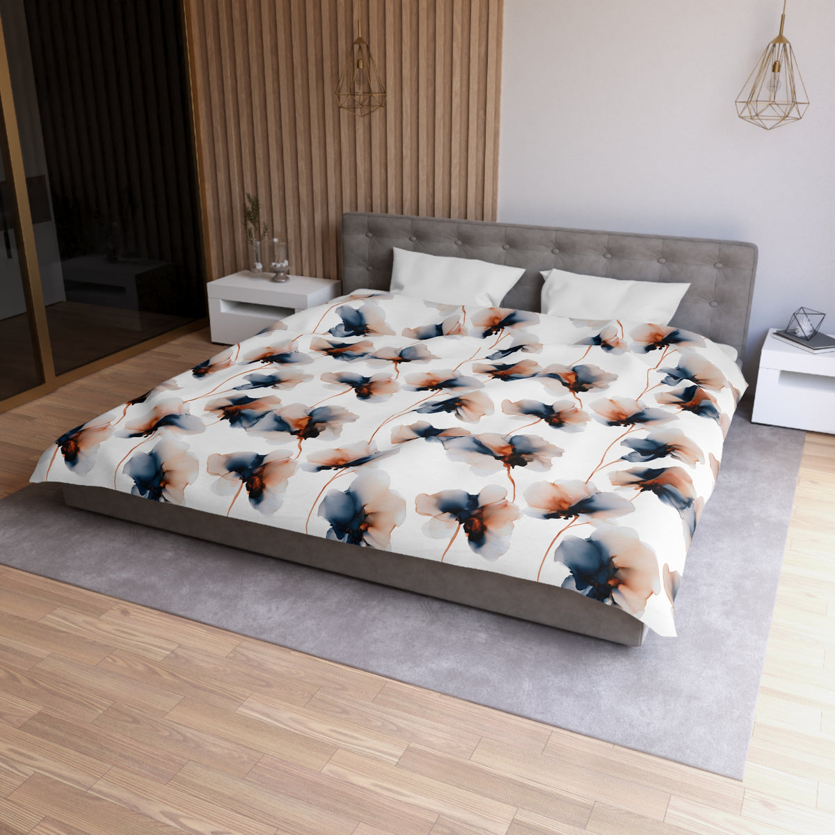 a modern bedroom with a large bed featuring a floral print comforter and pillows. The bed is positioned against a wall with a wooden panel design. The room also includes a nightstand, a pendant light, and a mirror.