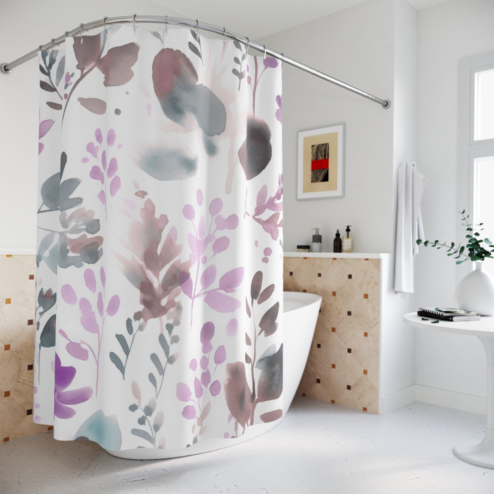 Boho Shower Curtain, Bath Mat | Lilac Purple Blue White Bathroom Set