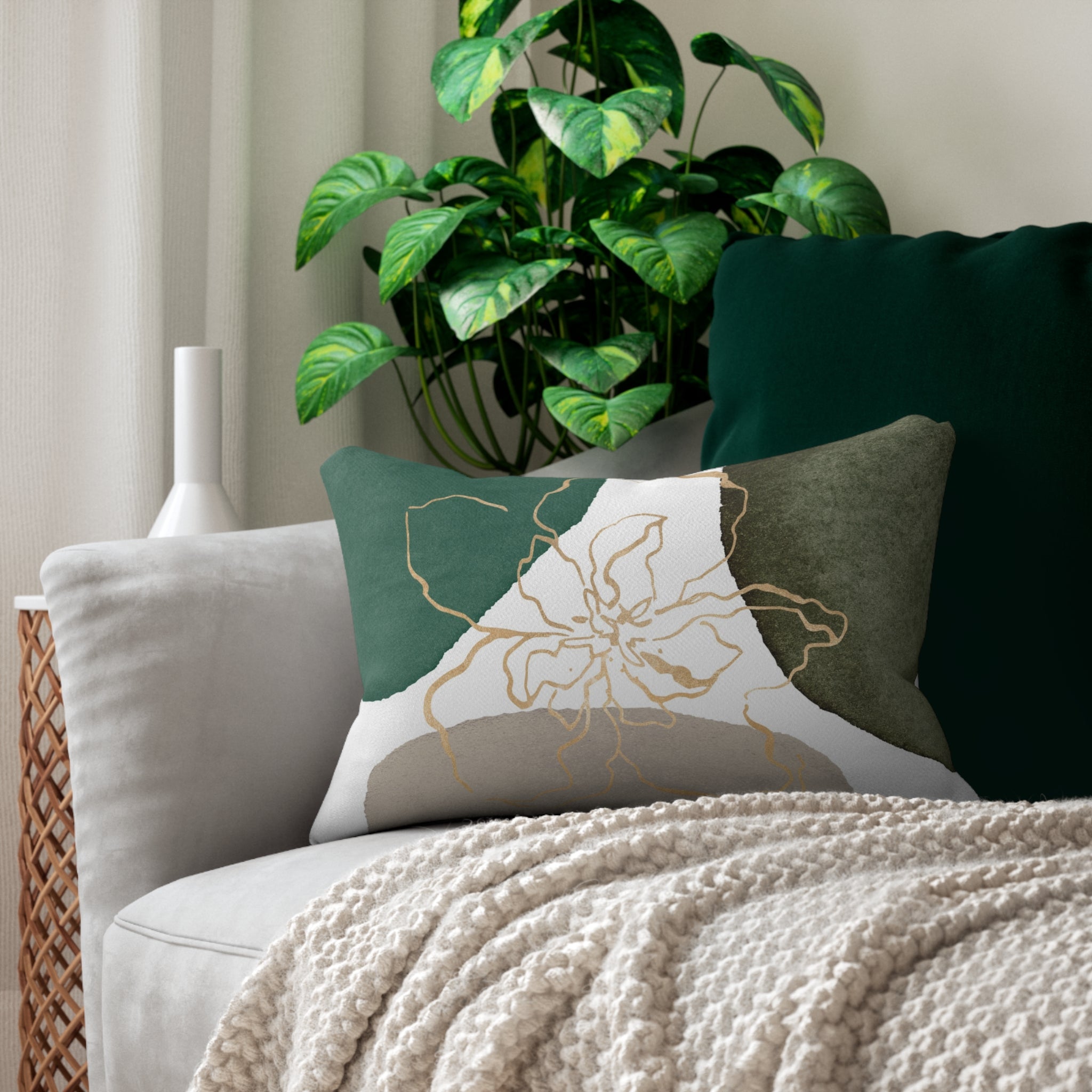 Abstract Lumbar Pillow | White Sage Green Beige Watercolor