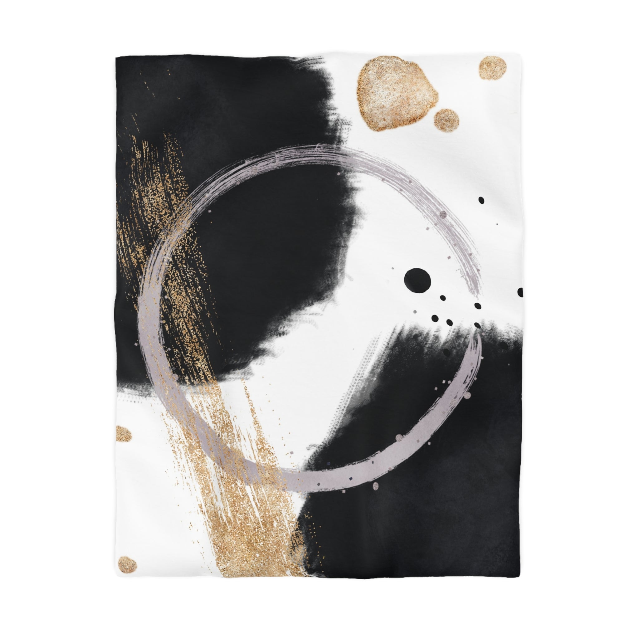 The image is an abstract art piece with a black and white color scheme, featuring a large circular shape in the center. The background is a mix of black and white, with splashes of gold and black adding depth and contrast to the composition.