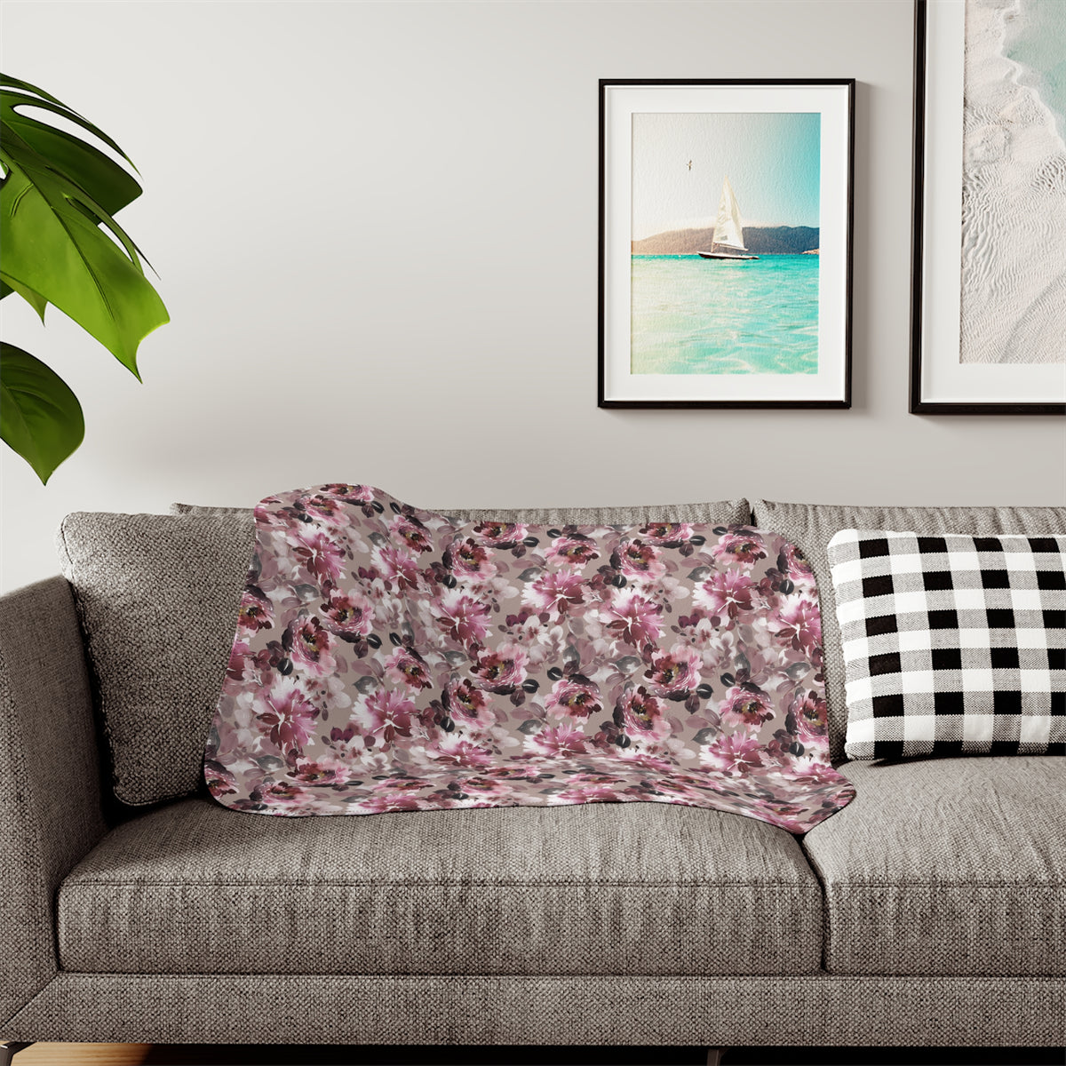 Burgundy Pink Watercolor Peony Sherpa Blanket | Moody Floral Throw