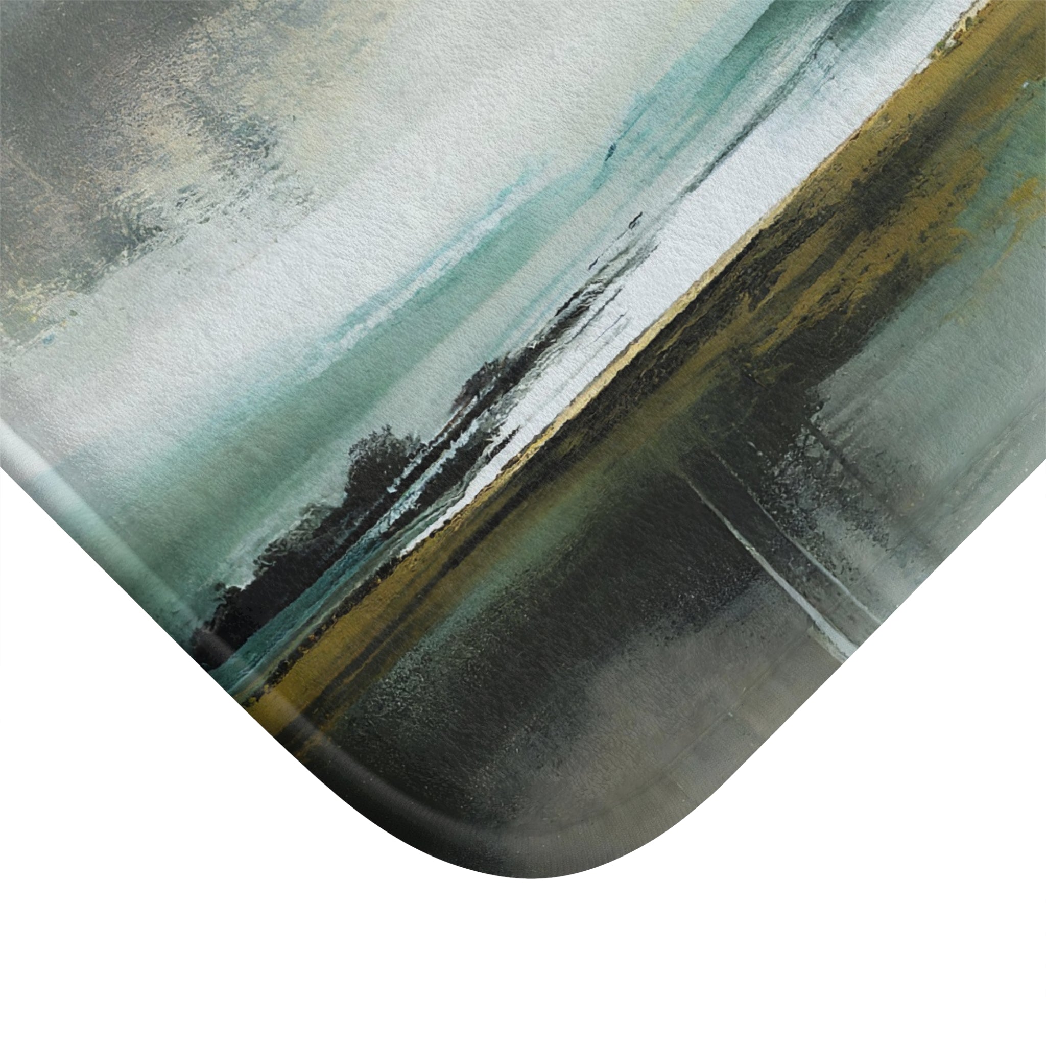 Boho Kitchen, Bath Mat | Abstract Landscape, Grey Teal Green