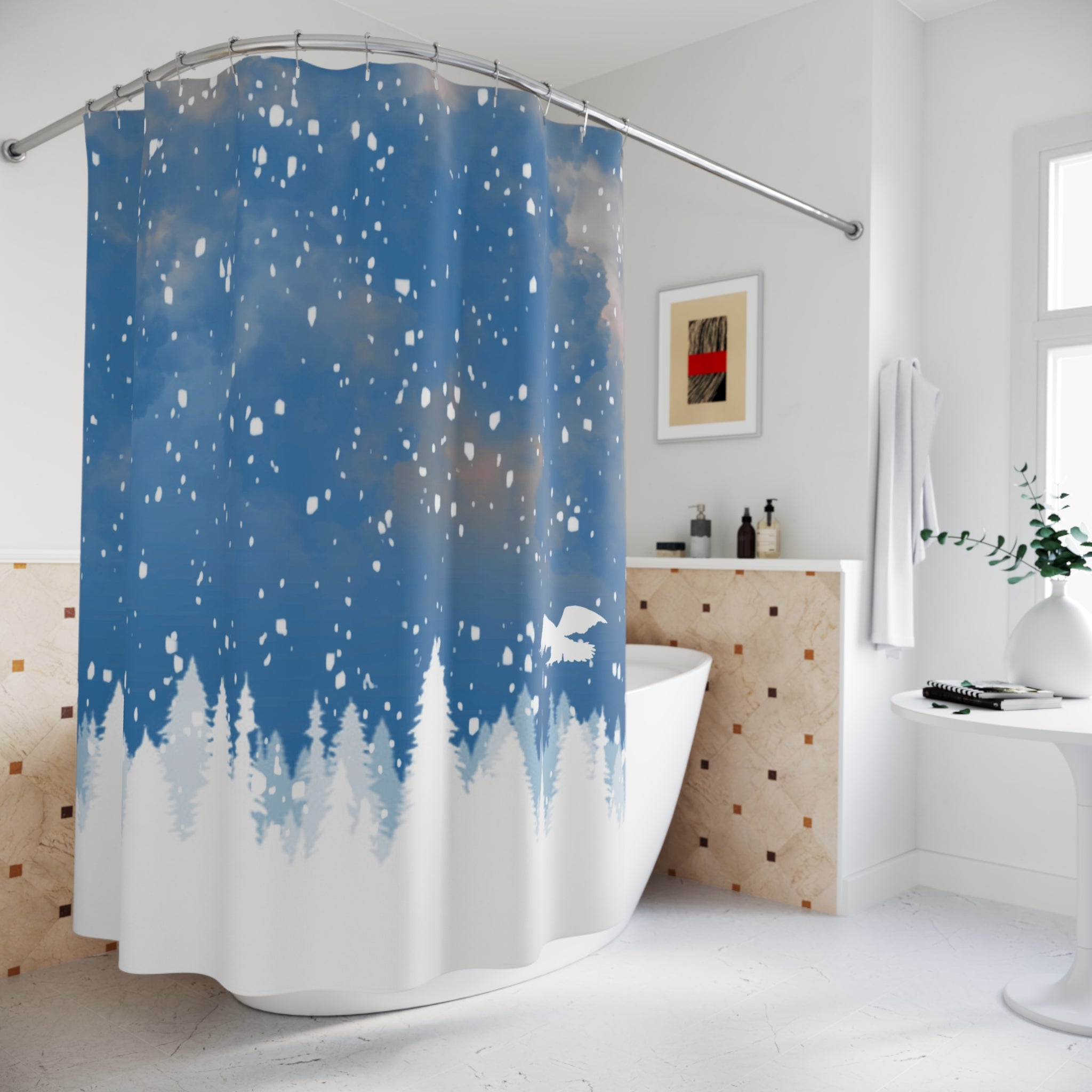 Blue Shower Curtain | White Pine Trees, Winter Snow Flakes