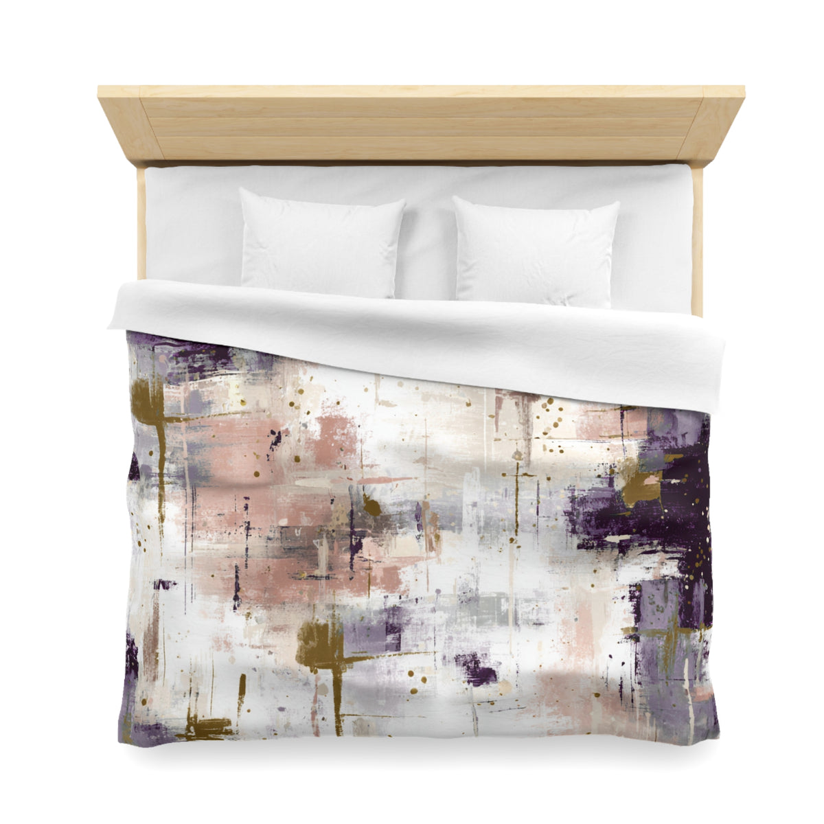 a bed with a white comforter and pillows, featuring an abstract painting or artwork on the comforter.